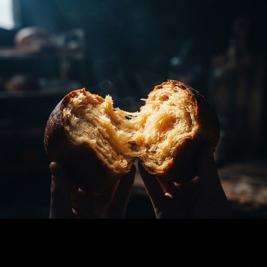 A milk bun torn open, warm golden crumb catching a shaft of light against a dark background